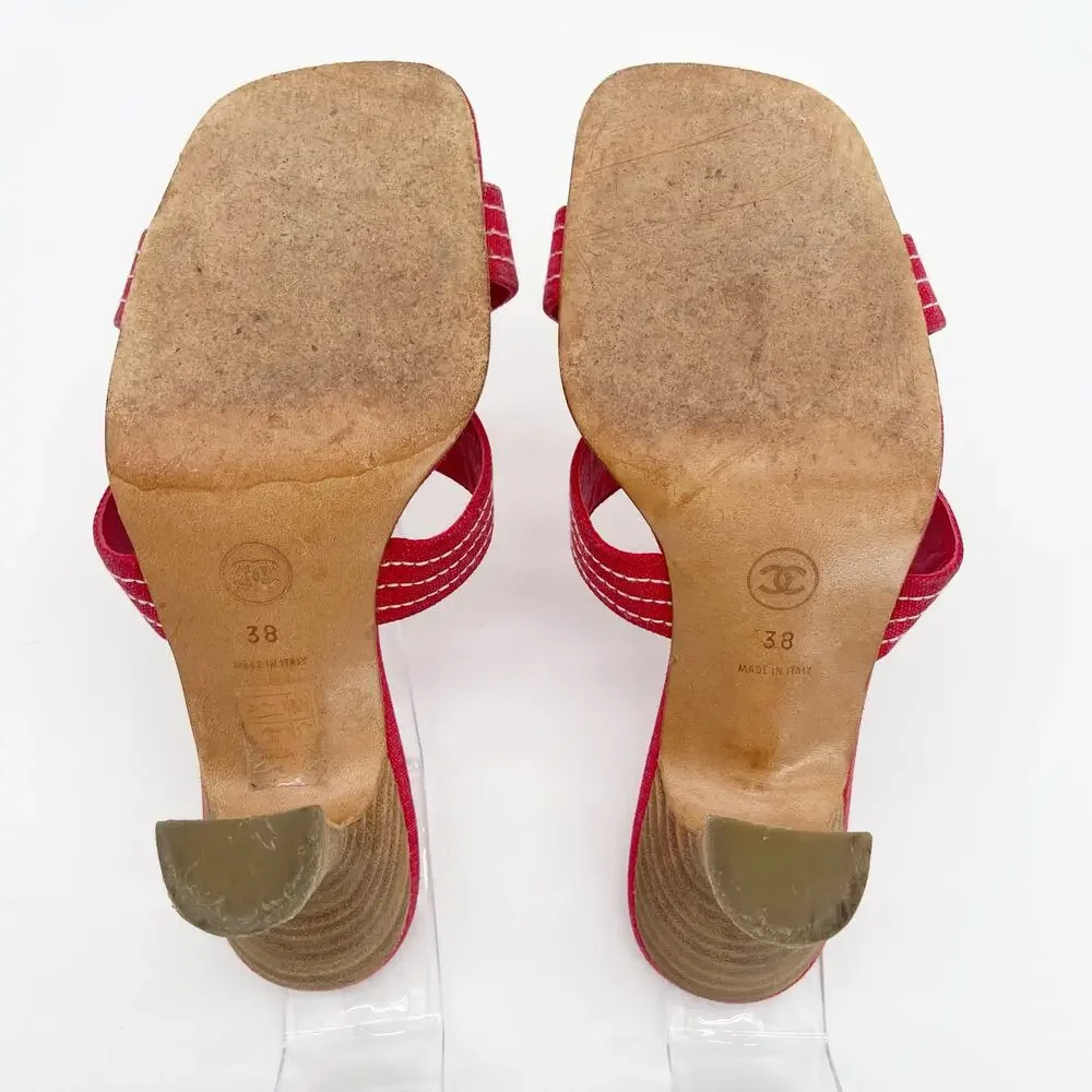 Chanel Vintage Red Canvas CC Nautical Cross Strap Slide Mule Sandal Heels EU 38